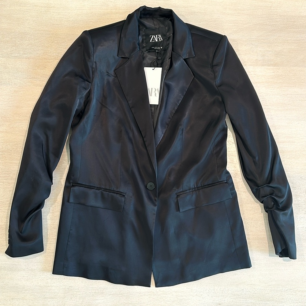 Zara Black Satin Single-Button Blazer